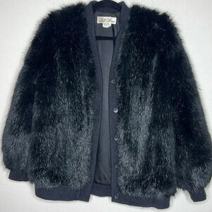 Lilli Ann Faux Fur vintage Black Bomber Jacket Sz medium Made In USA